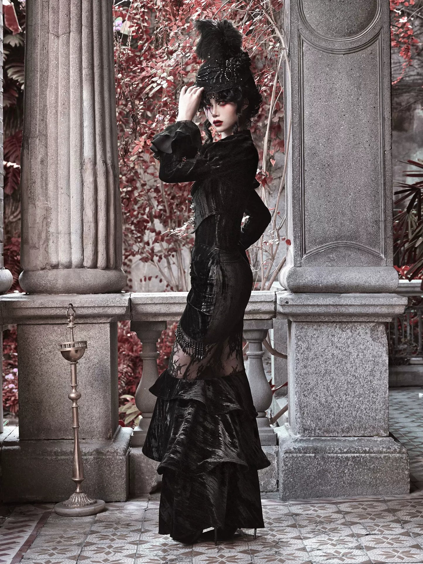 Dutchess Gothic Velvet Lace Sheer Hip Hugging Mermaid Skirt