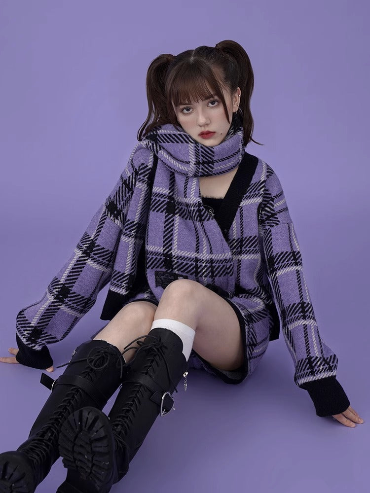 紫色格纹针织围巾