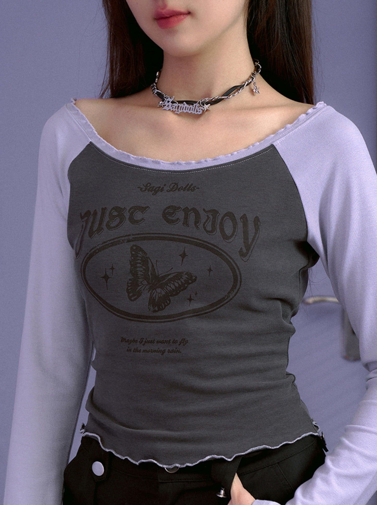 グレーパープルツートーンスリムロゴトップス