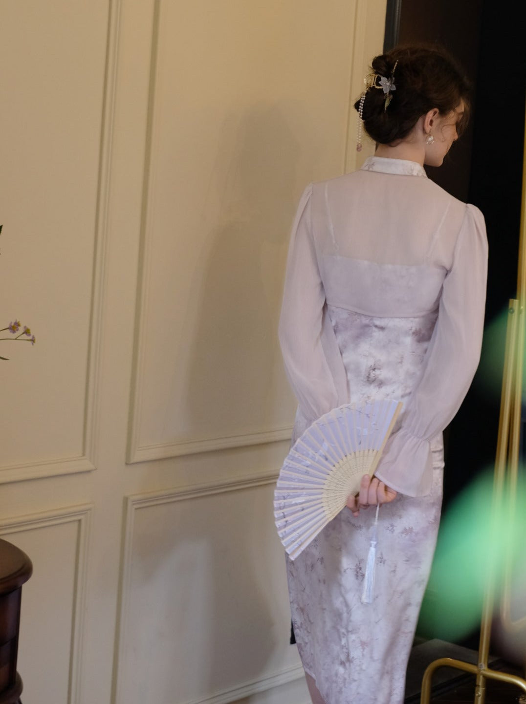 퍼플 레트로 플라워 차이나 드레스 + 시어 가디건