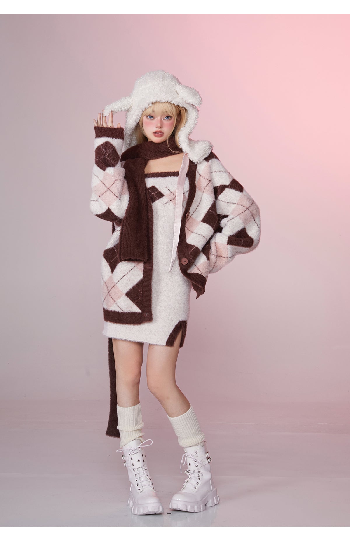 スイートチョコレートアーガイルオーバーカーディガン