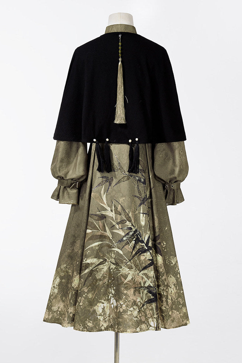 Chic Dark China Print Dress + Shawl