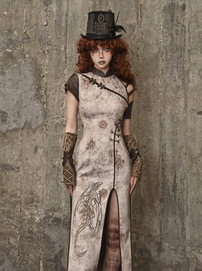 PUディストレストストラップレトロスチームパンクスリーブ