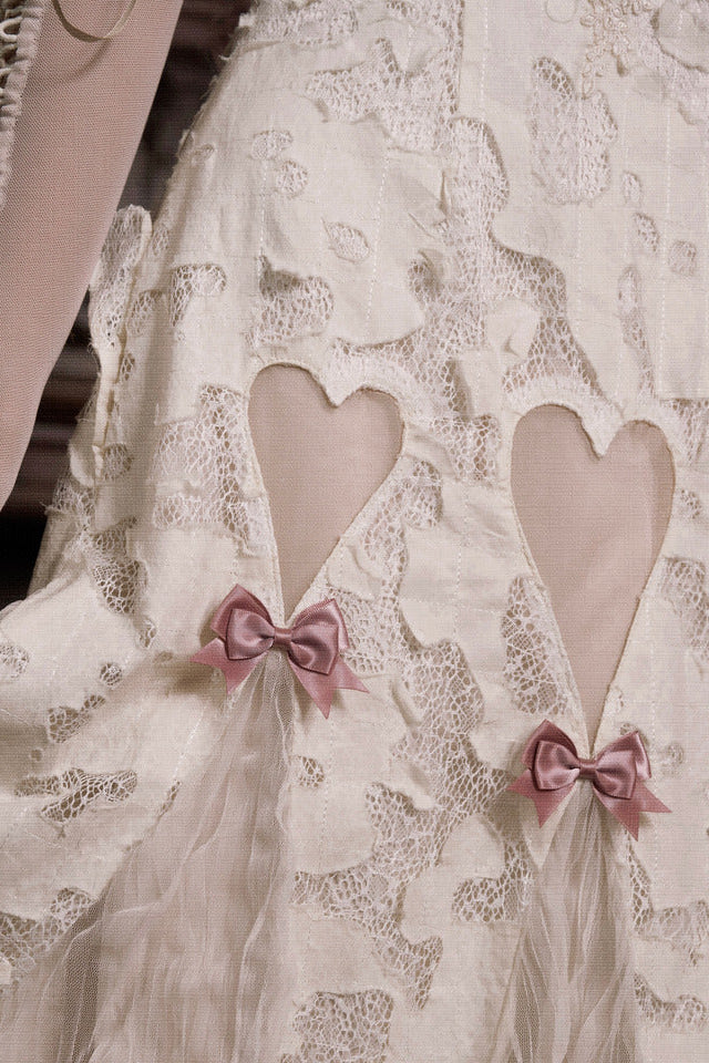 コットンラブハートリボンカットアウトレーススリップドレス
