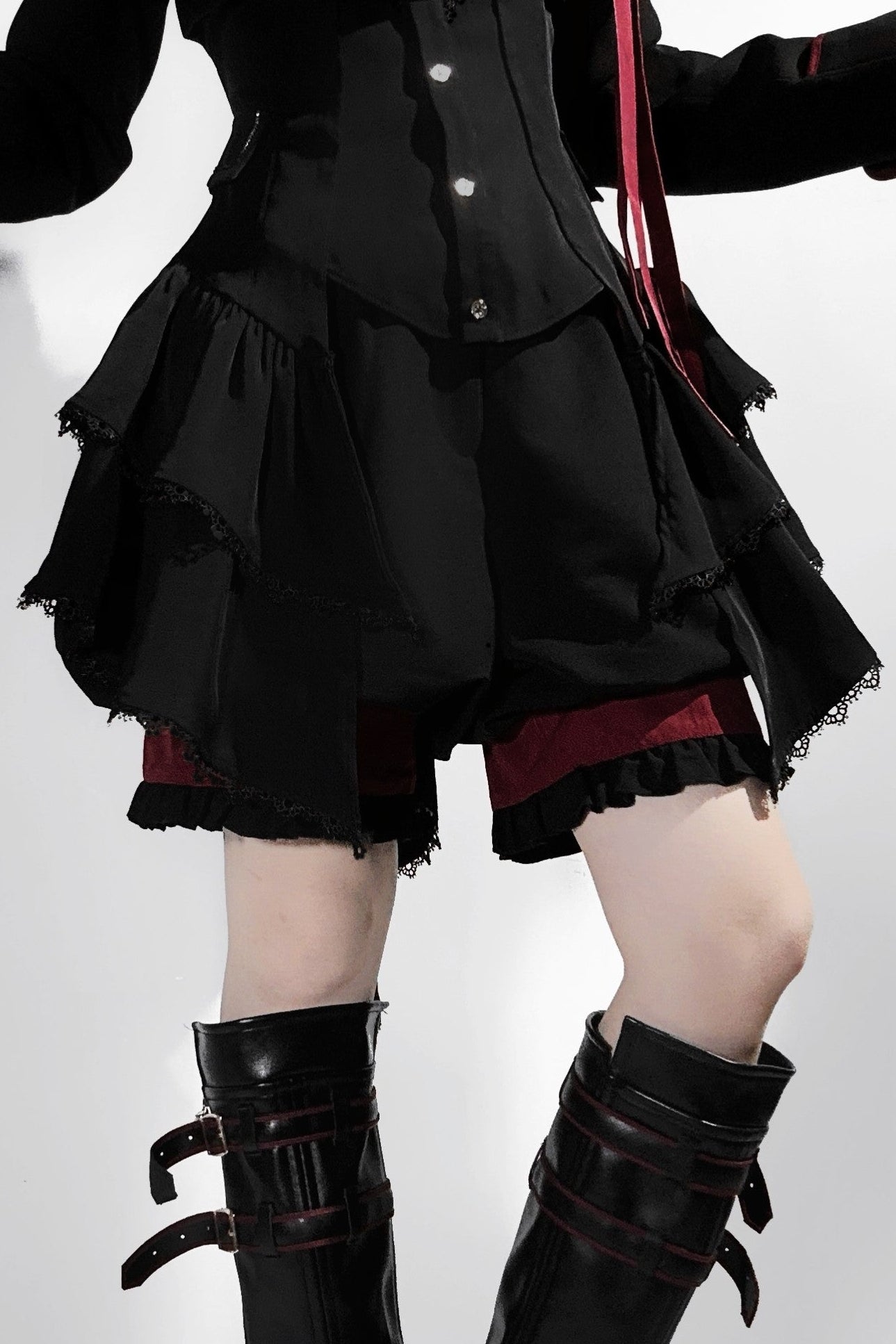 【9月13日予約締切】Black Red Military Ruffle Lolita Jacket (with epaulet bow) + Shirt + Short Skirt Set / Shorts Set + Complete set 1/2 (Officer cap + Leg covers + Sash)