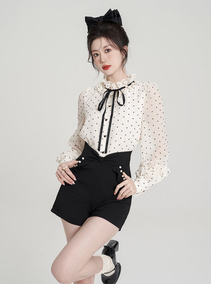 쉬폰 도트 셔츠 + 서스펜더 팬츠