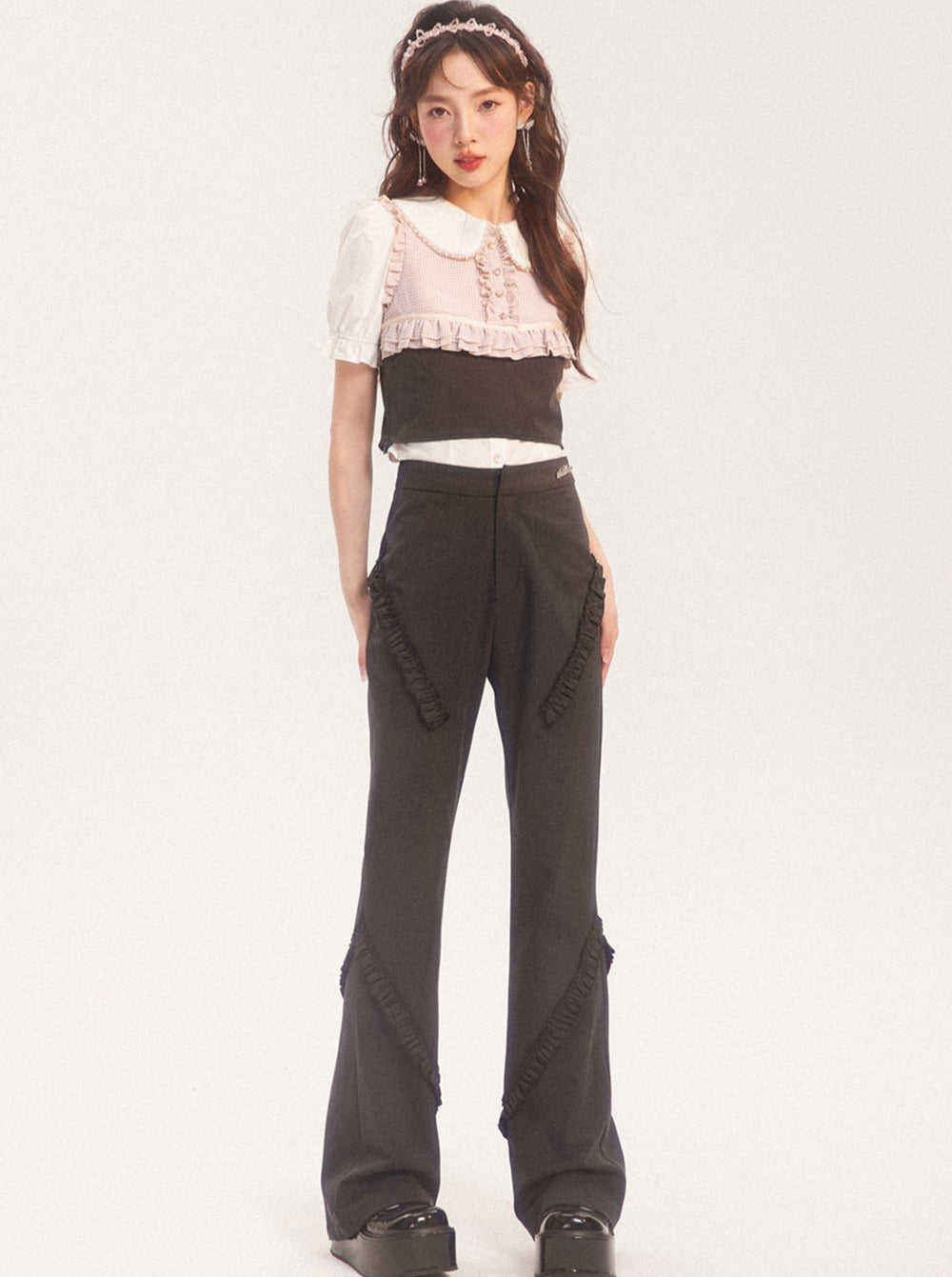 Lace Frill Design Slim Pants