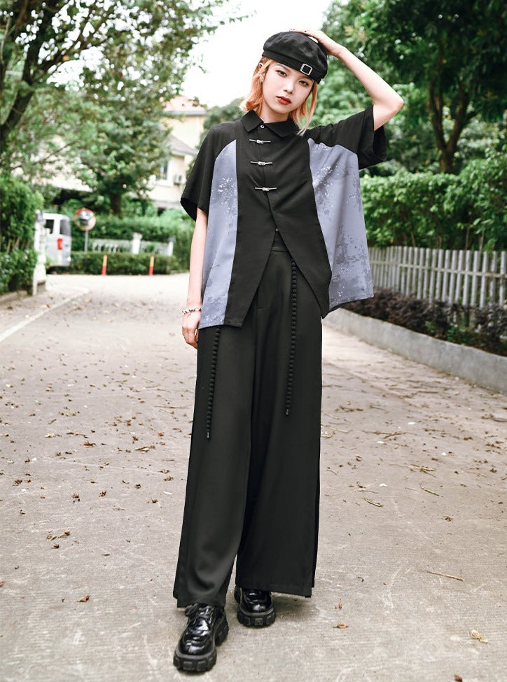 チャイナプリーツルーズワイドレッグパンツ