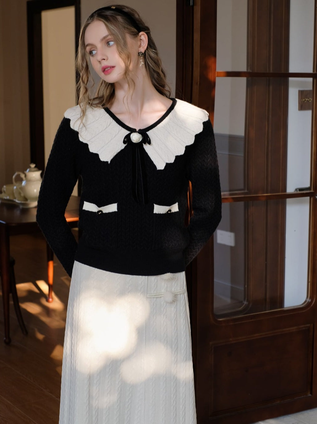 French Color Block Wave Lapel Ribbon Retro Sweater Cardigan