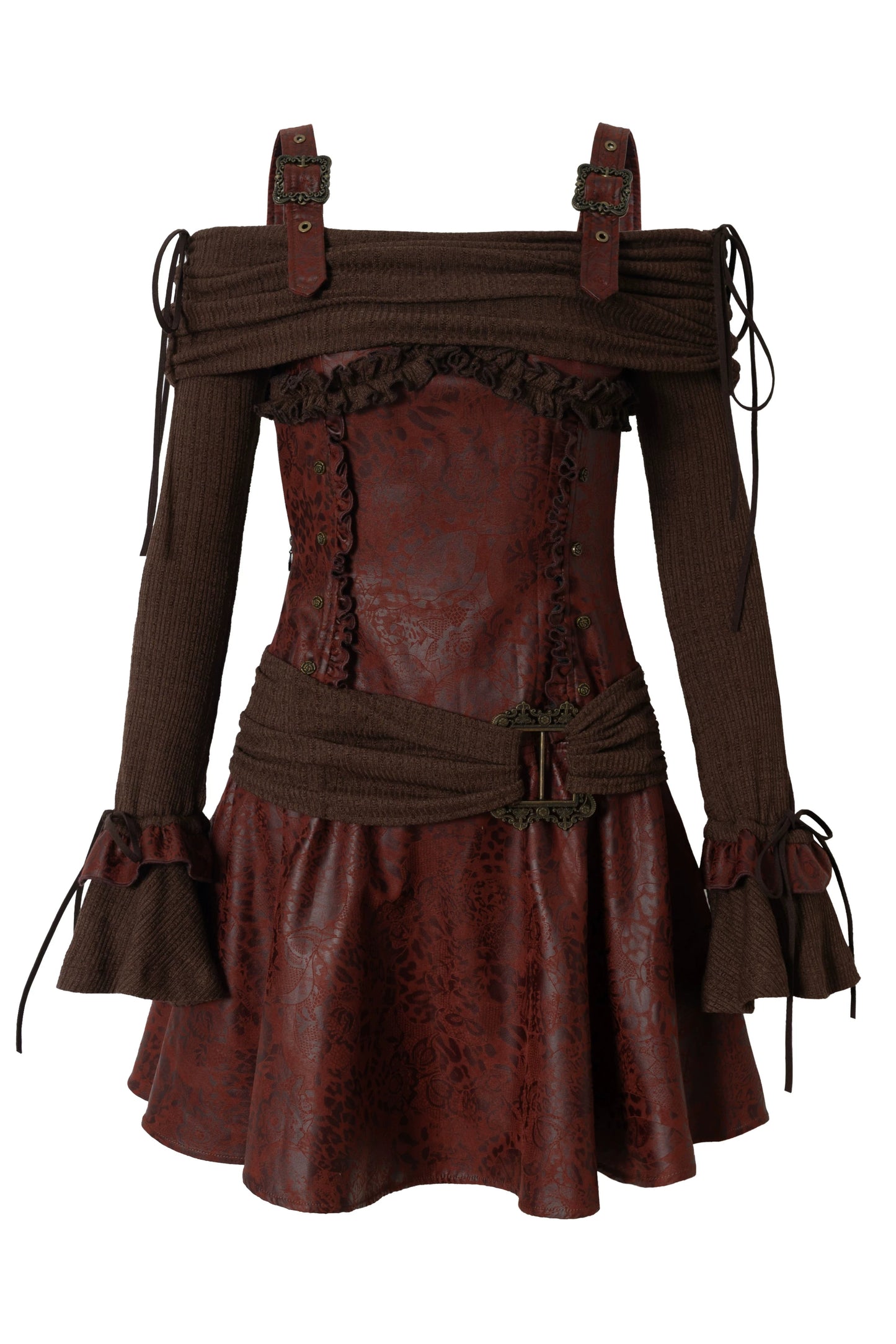 復古龐克露肩拼接洋裝