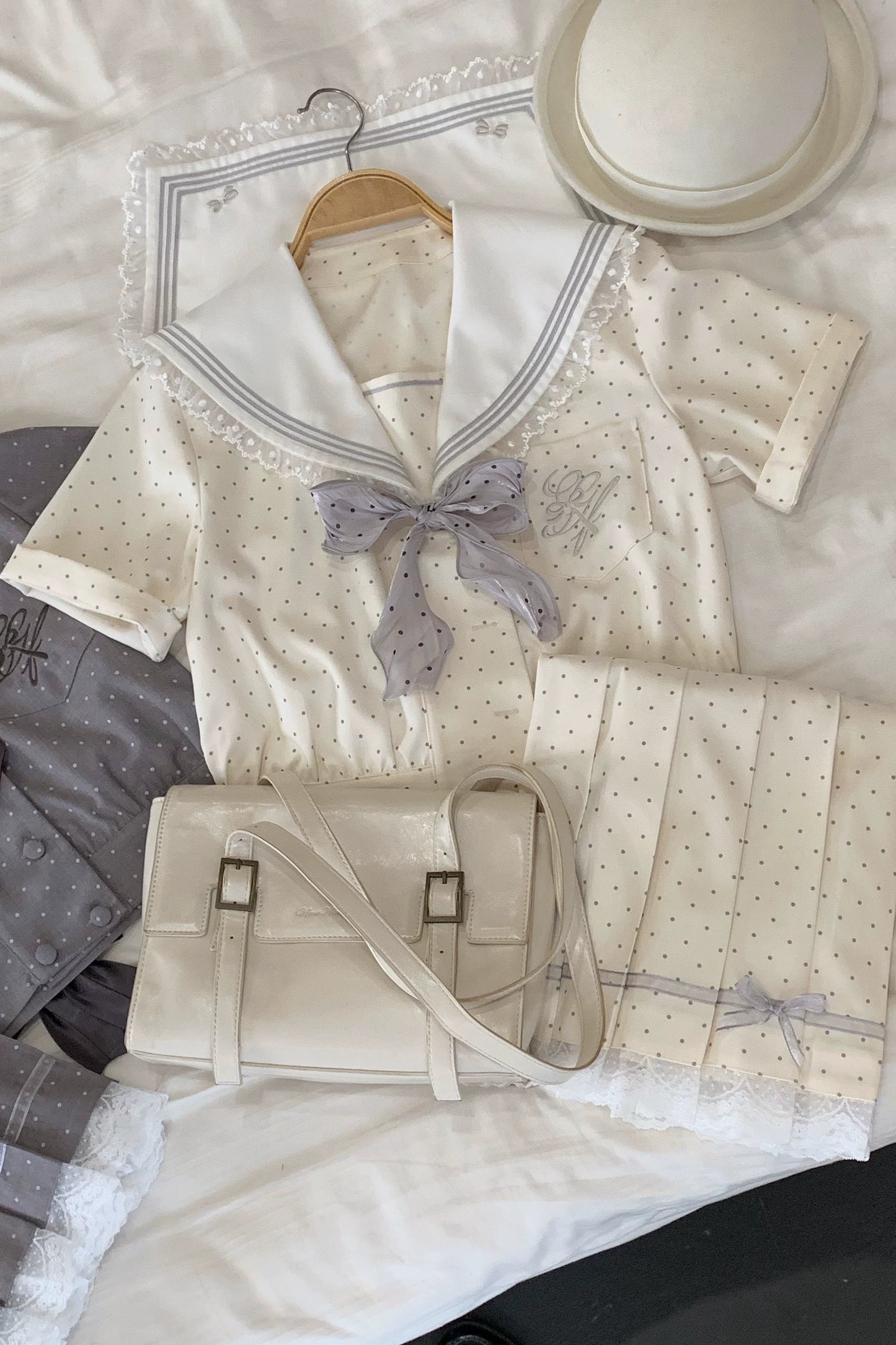 Black Chocolate Polka Dot Sailor Blouse + Skirt