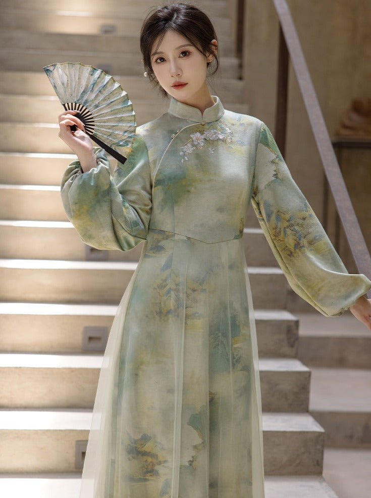 川黛时光:悠韵渐新中式复古长袖旗袍立领鱼尾裙秋季新气质女装