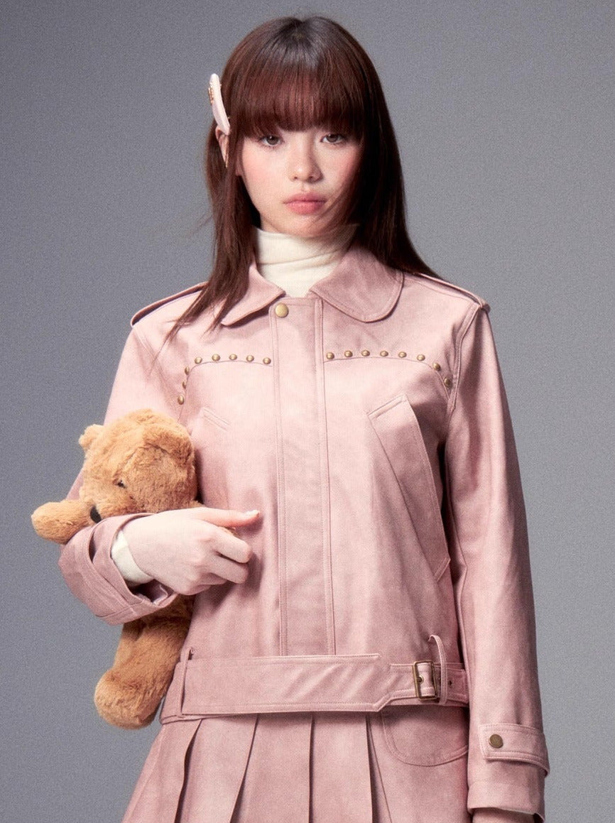 Ensemble veste en cuir + jupe plissée rétro avec ceinture rose à rivets