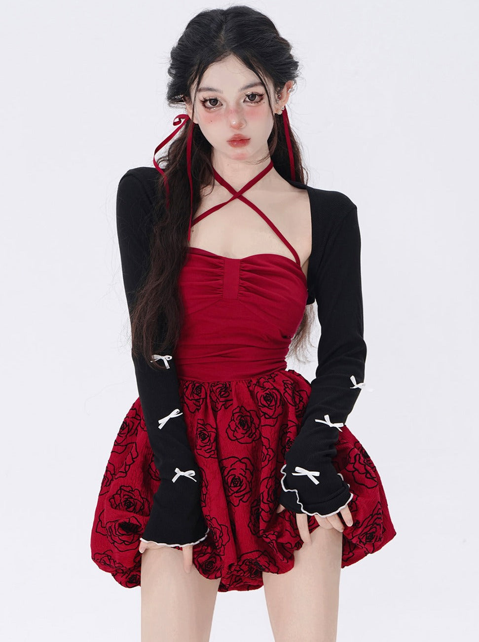 Dark Night Rose Red Suspended Dress Ribbon Cardigan Belchic