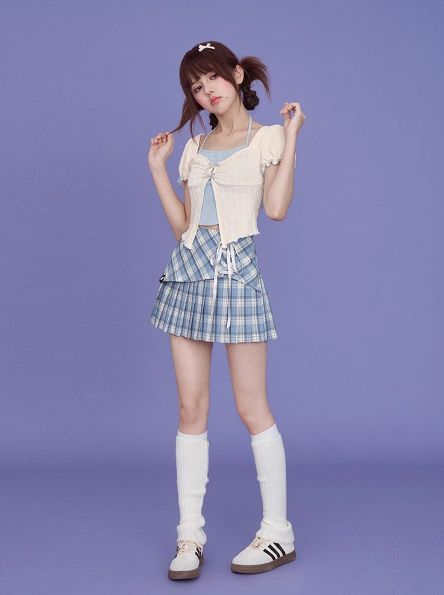 ホルターネックフェイクツーピースパフスリーブトップス