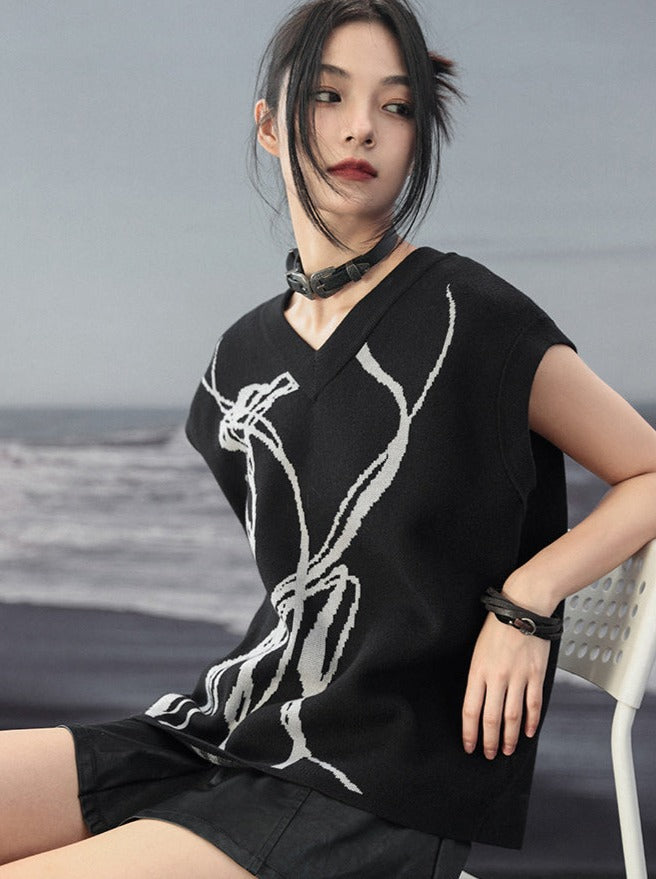 コントラストフラワールーズニットベスト