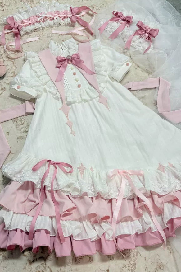 【8月29日予約締切】Blue x White/ Pink x White Doll Sweet Lolita Asymmetrical Ruffle Dress Full Set (with Pointed Collar + Bow Tie + Waist Belt)