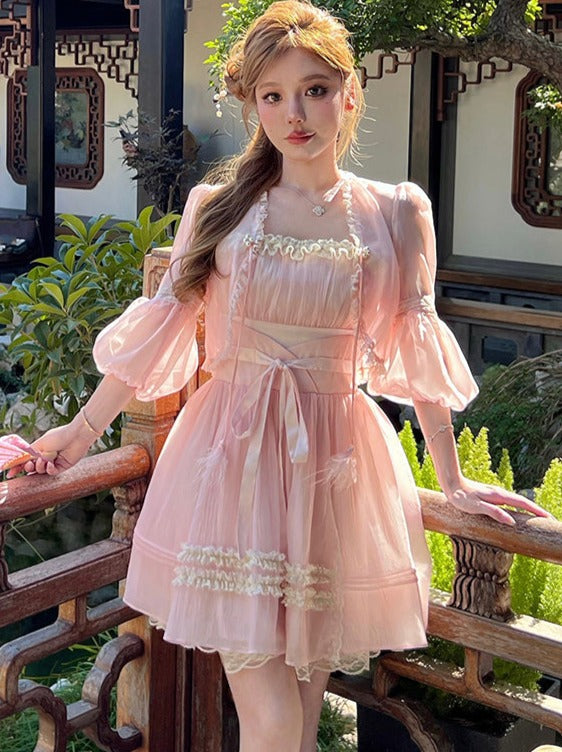 여자의 짧은 가디건 + 웨스트 리본 원 조각