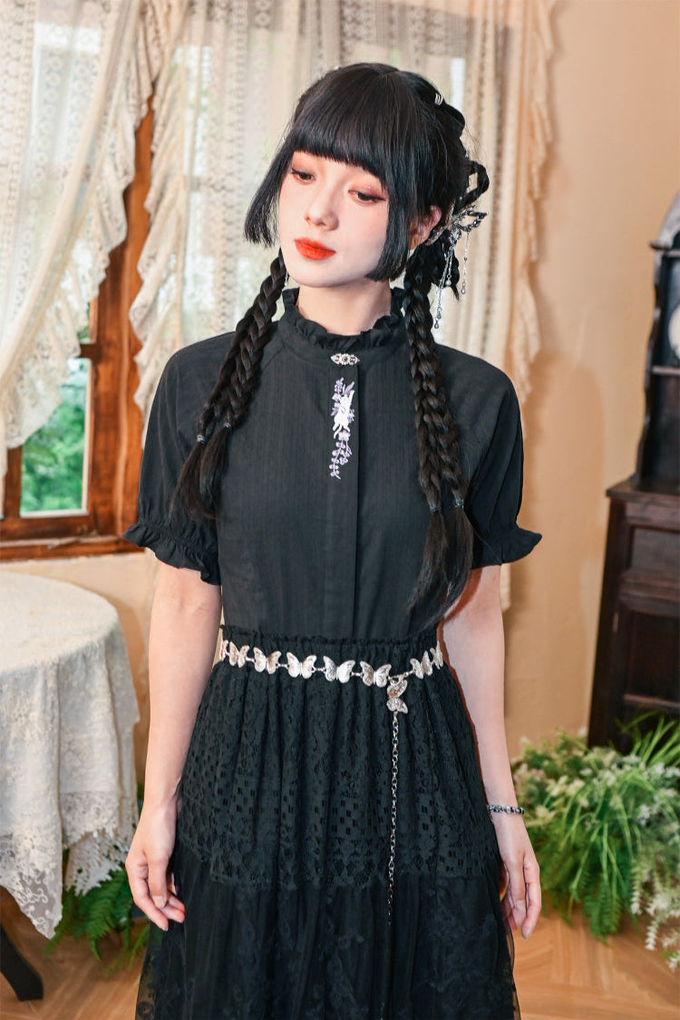 コットンススタンドカラーブラックスリムシャツ