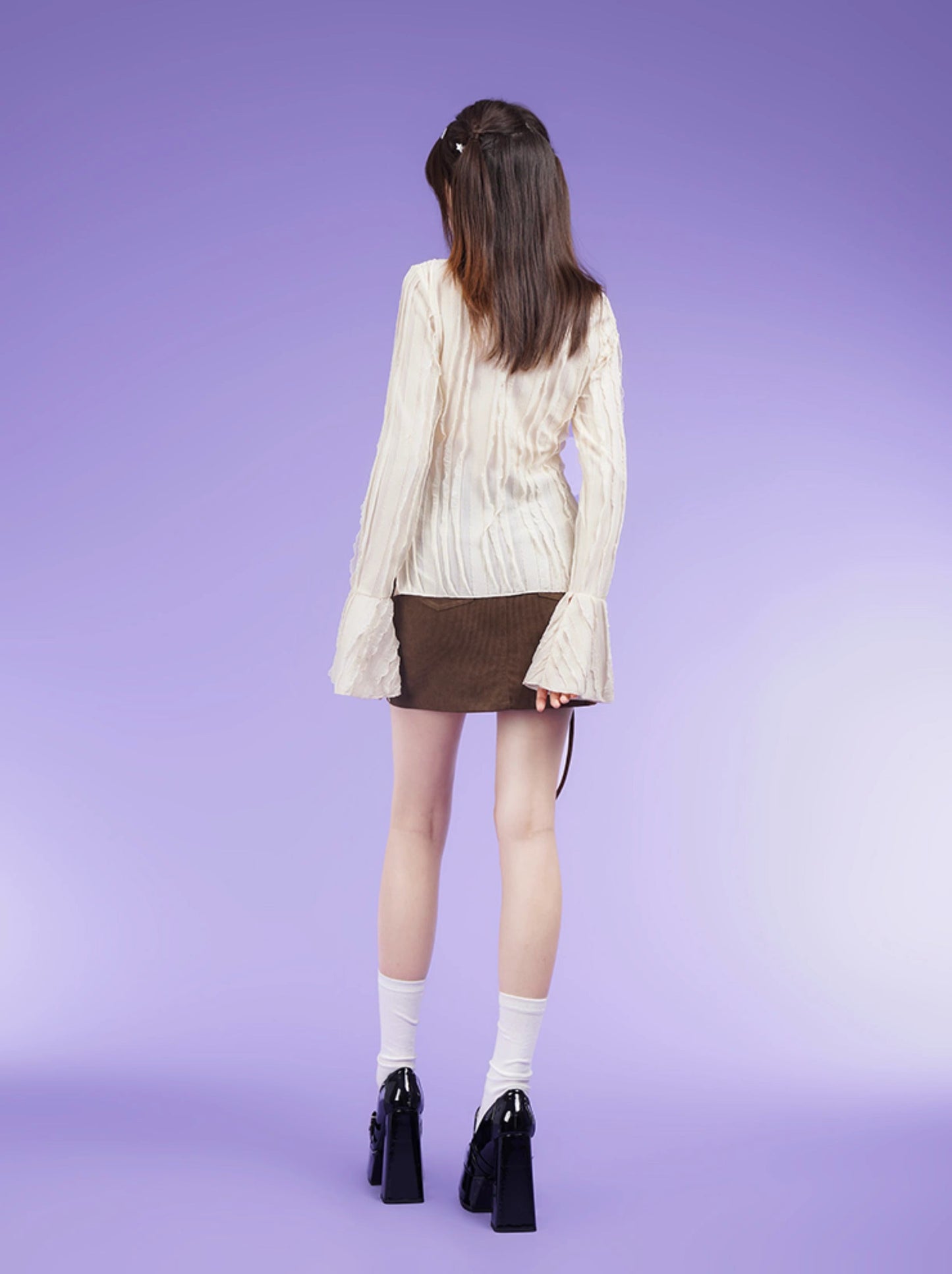 Pure Desire Apricot Lace Flare Sleeve Textured Shirt