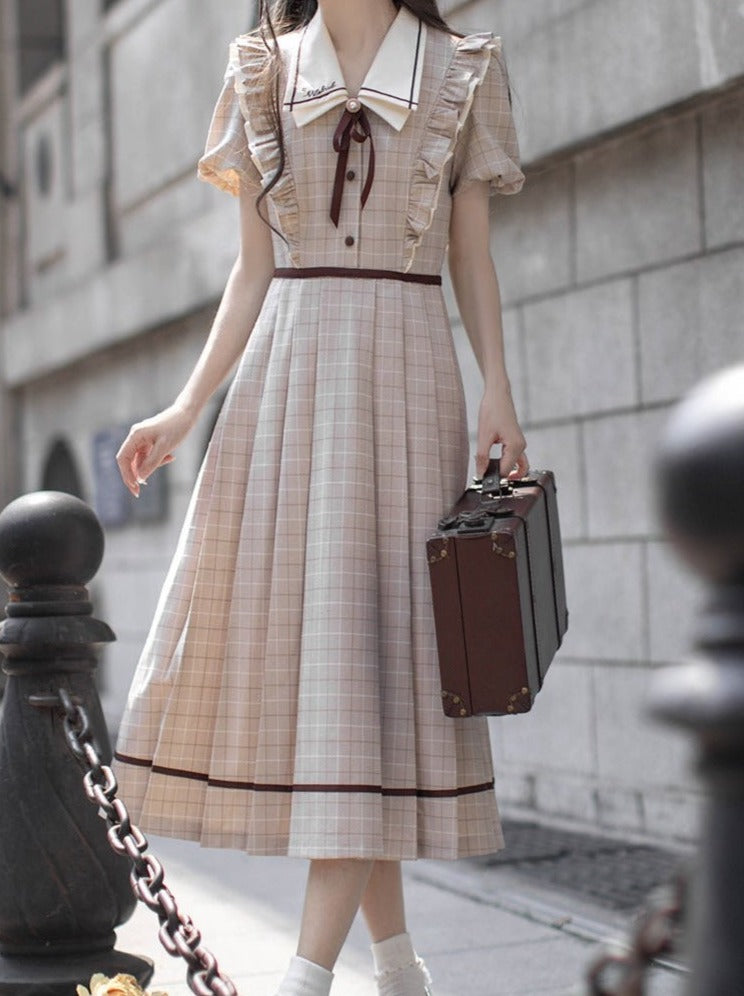 retro checkered dress Retro plaid wool dress, midi wool dress, womens dress, winter red blue plaid dress, warm dress, pleated dress, Lantern sleeve dress 2264#