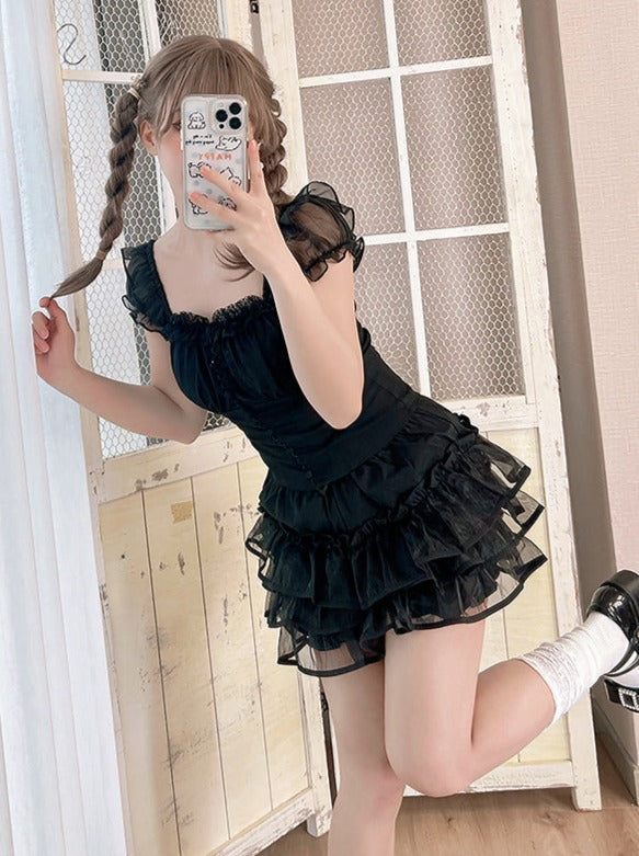 Butterfly bone dark grain jacquard lace irregular breastlift skirt tunic strap skirt solid color lolita