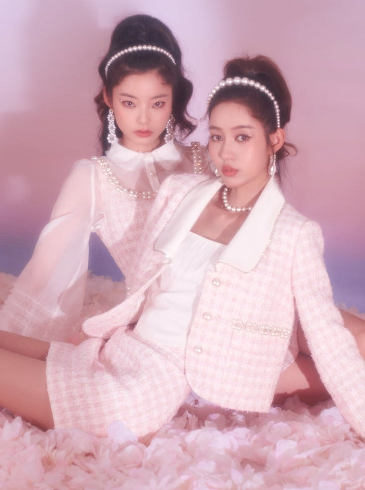 Imitation pearl square-collar tweed dress