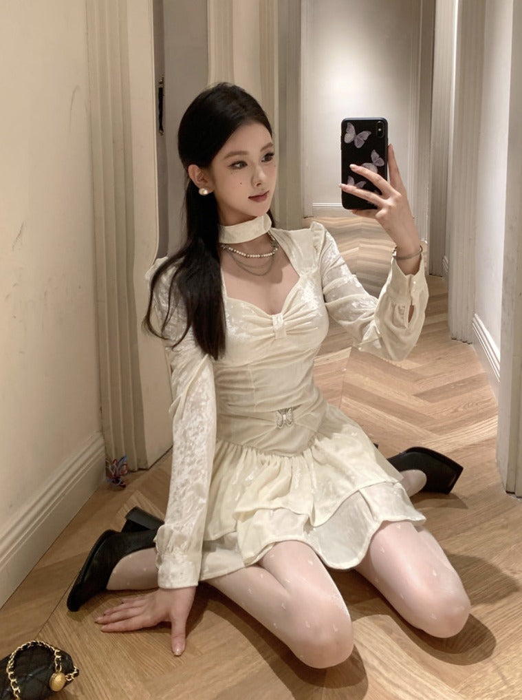 White Velvet Halter Neck Princess Dress