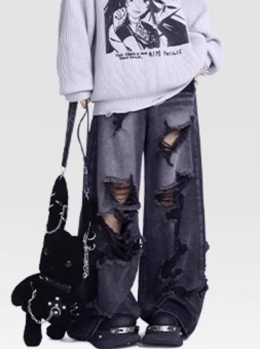 High Street Black Wash Ripped Wide Leg Jeans