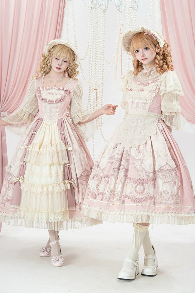 【4月26日預售截止】洛可可優雅蕾絲粉色經典蘿莉塔洋裝+圍裙+軟帽