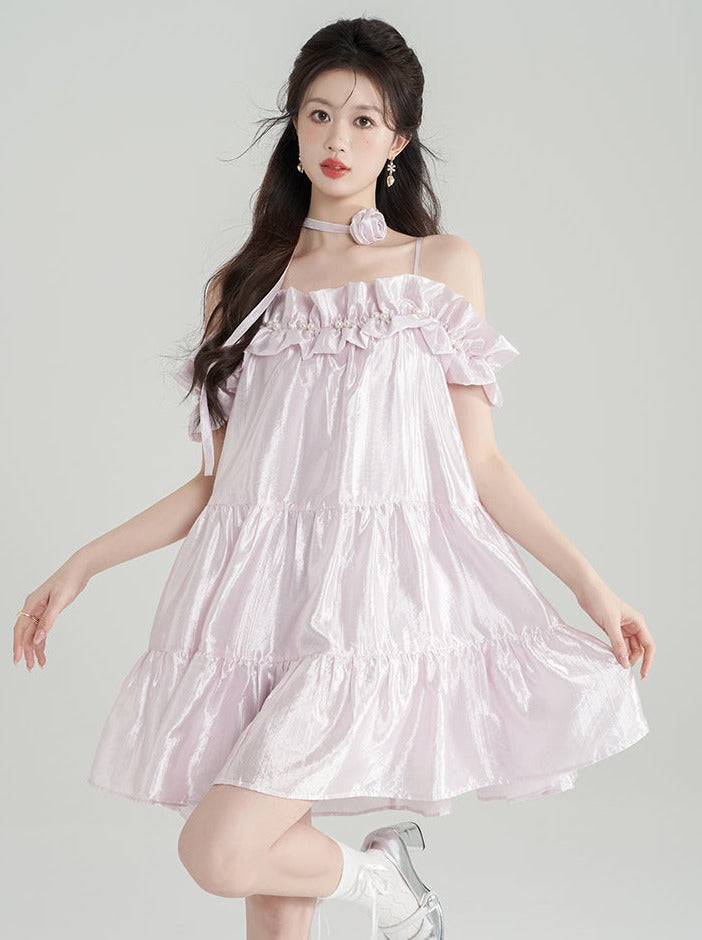 Robe à col fleuri rose mauve