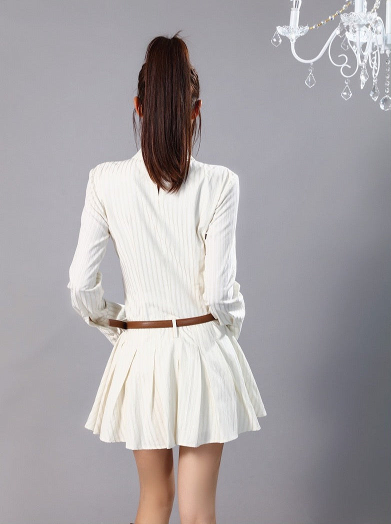 レトロストライプハイウエストプリーツシャツワンピース