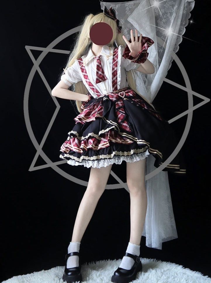 アイドルチェックロリータトップス+ティアードフリルチェックスカート