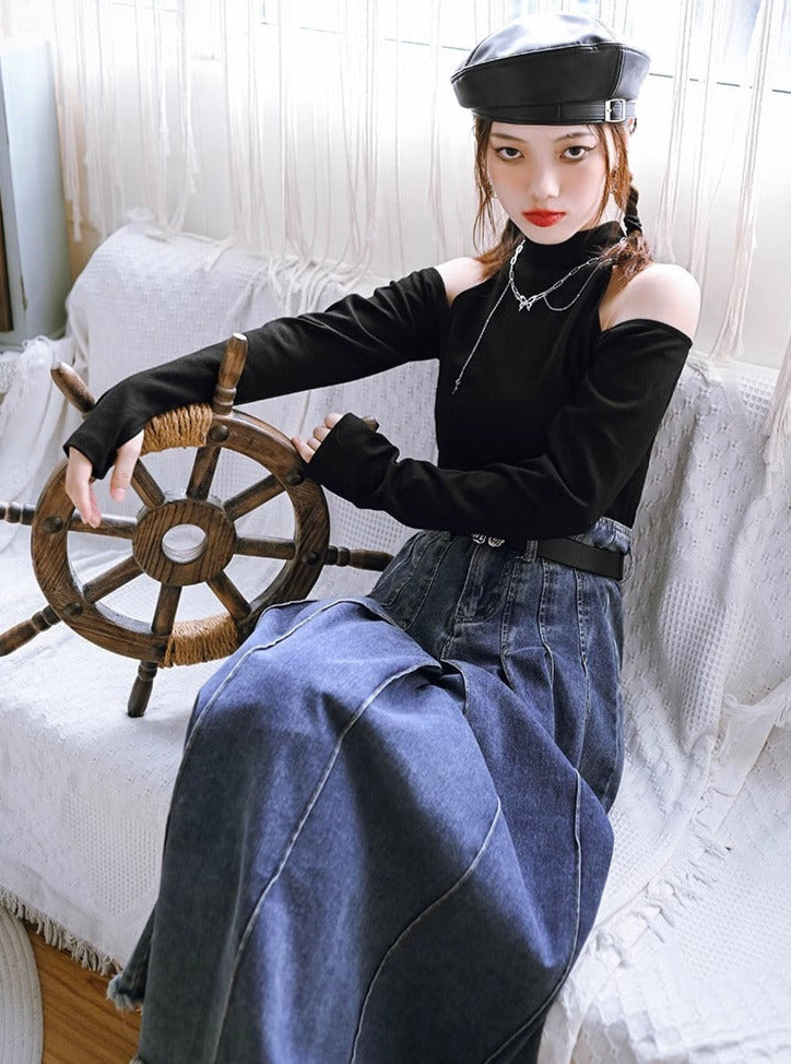 ハイネックオフショルダーブラックロングスリーブトップス