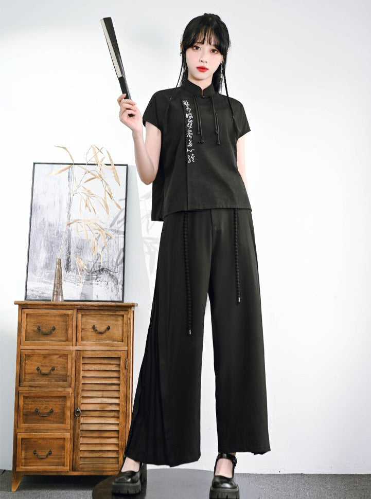 China Heart Sutra Stand Collar Embroidered Tassel Shirt