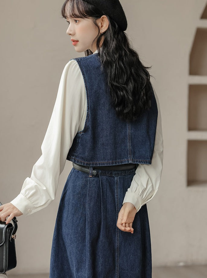 Gilet rétro en denim + jupe + chemise