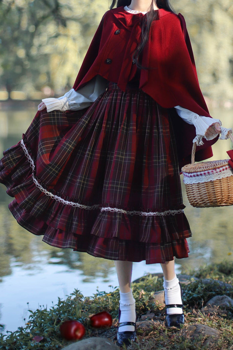 Little Red Riding Hood Cape Ribbon Coat + Pleated Collar Shirt + Plaid – Belchic