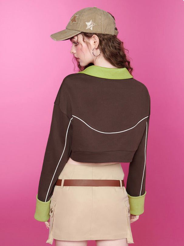 Polo 拉链领撞色短款套头运动衫