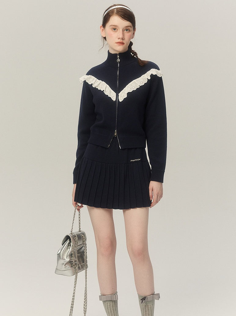 レースジップアップカジュアルレトロガーリートップス+プリーツスカート