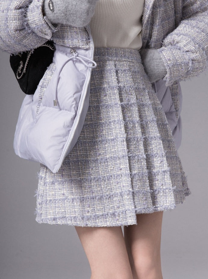 Doudoune en fourrure patchwork + jupe en tweed