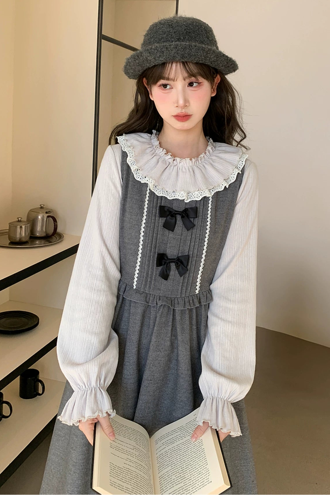 フリルカラーレトロスイートトップス