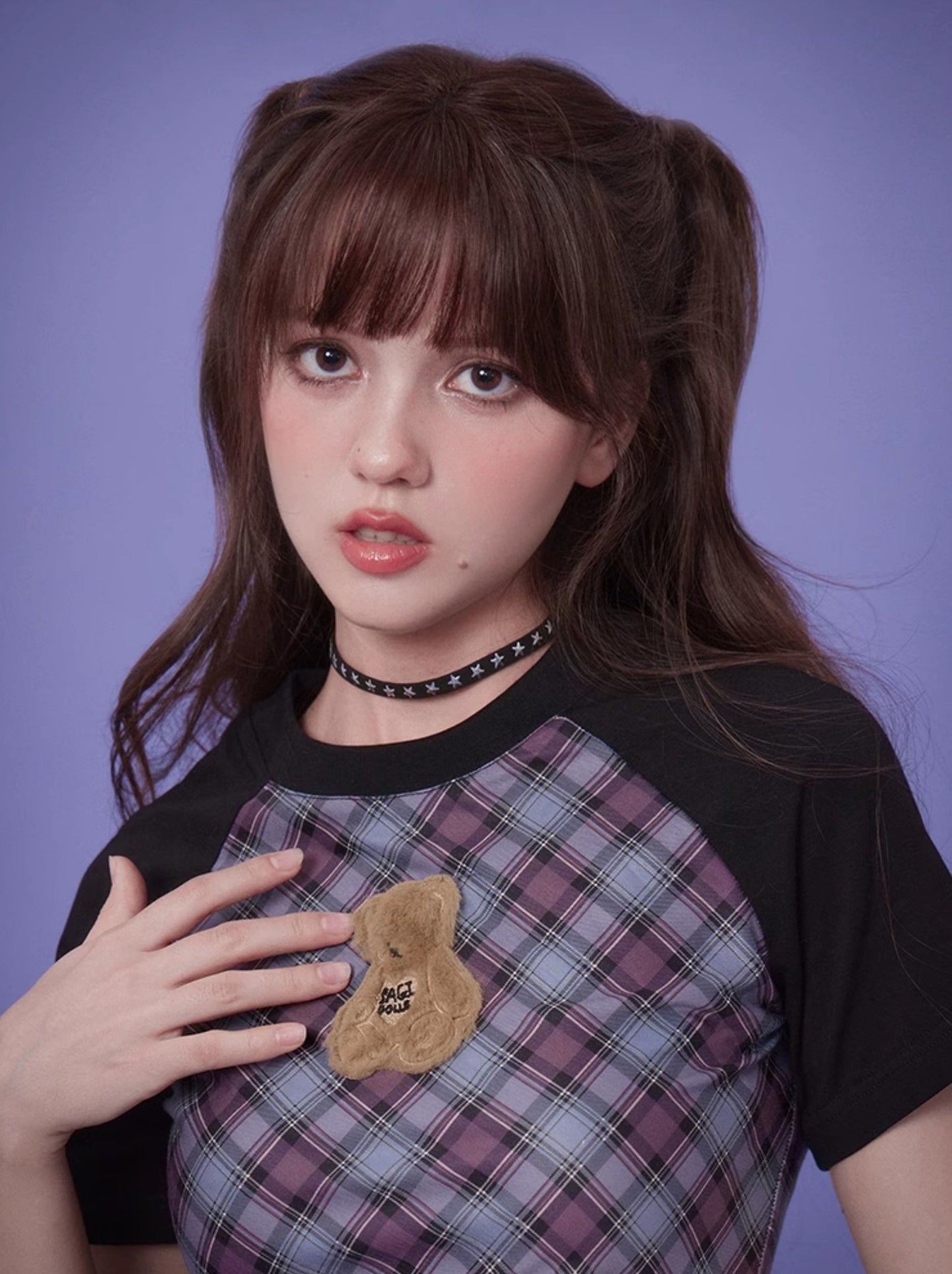 White Blue Purple Check Plush Bear Raglan T-Shirt