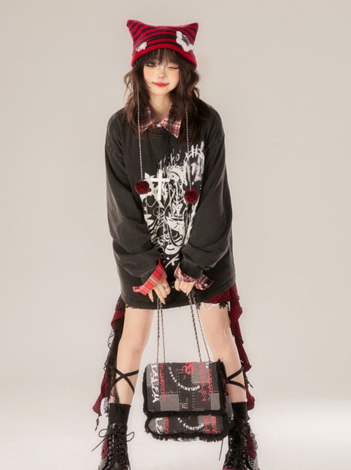 Round Neck Printed Loose Dark Tops