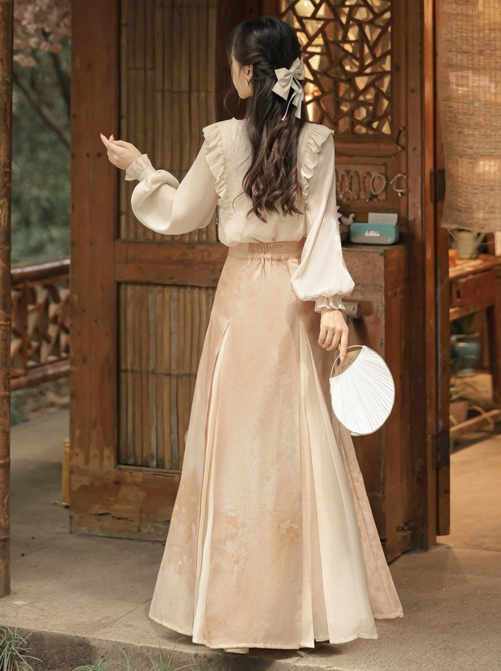 China Lace Frilled Blouse + Pleated Slit Long Skirt