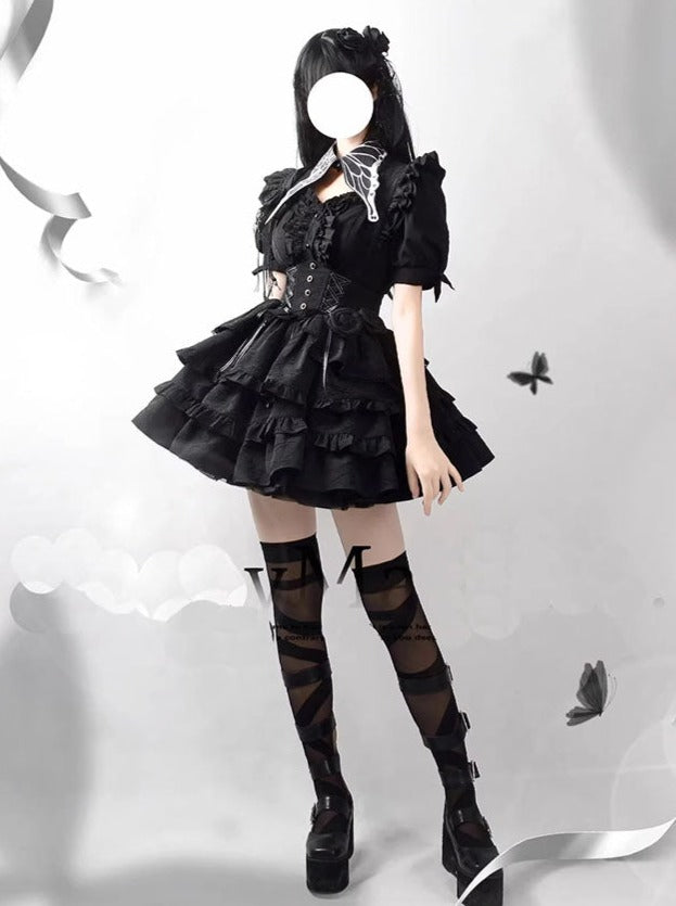 Dark Ruffle Lace-Up Lolita Skirt