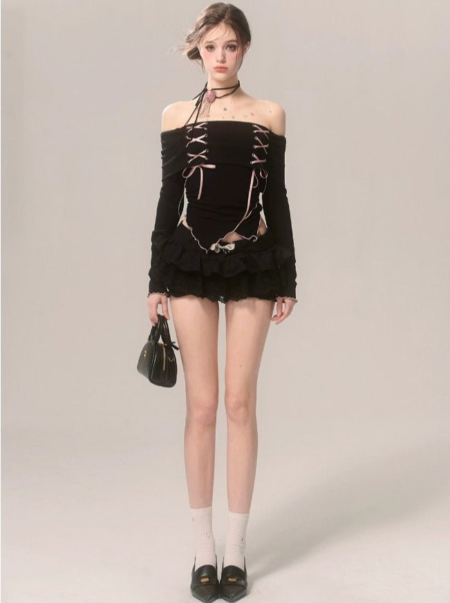 Off-the-shoulder ruffle high-end strap ribbon top