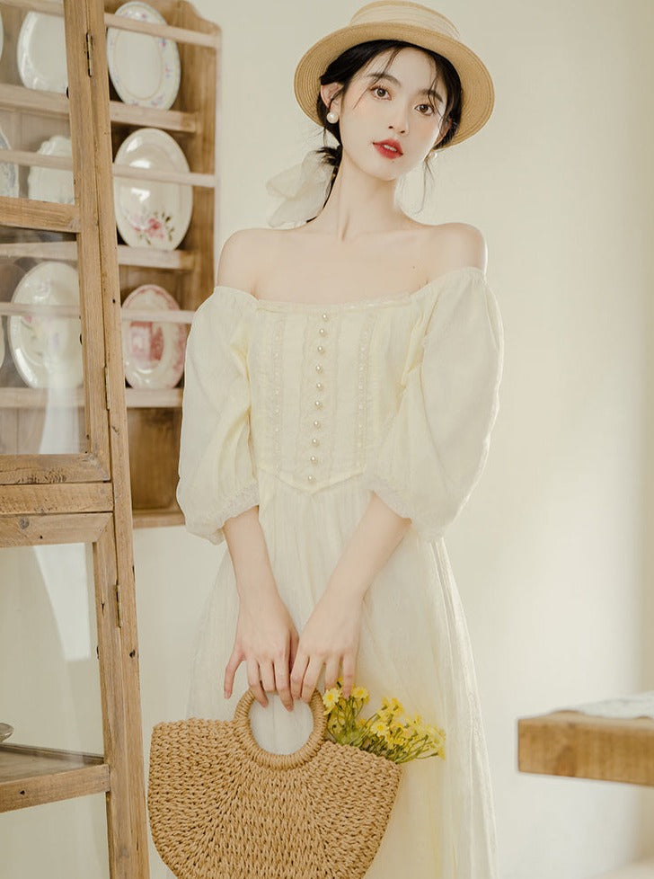 法式方领灯笼无袖连衣裙