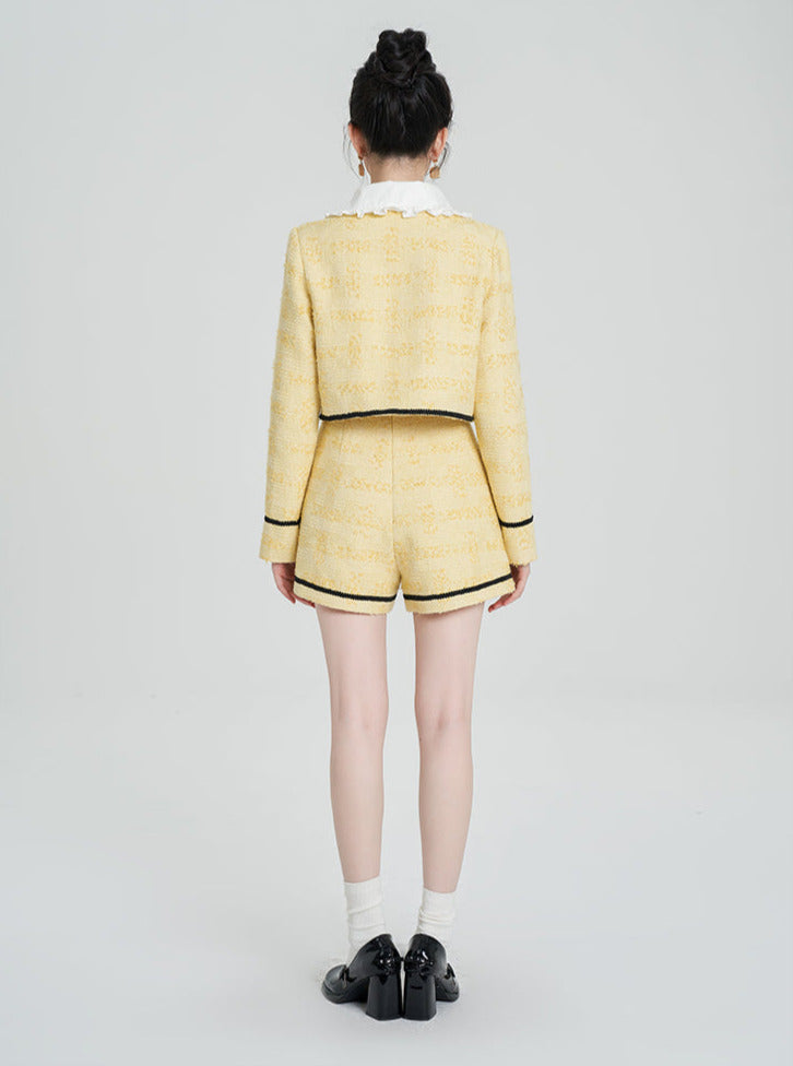 뉴 스타일 프릴 칼라 트위드 재킷 + 와이드 레그 쇼트 팬츠