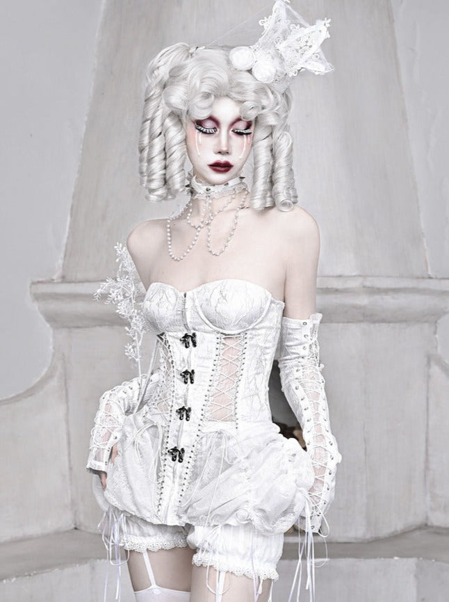 화이트 고딕 레이스 업 레그 워머