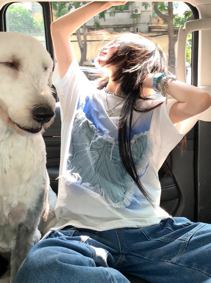 denim butterfly round neck top